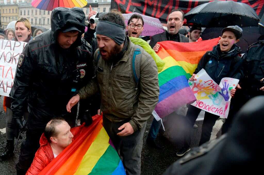 LGBT activists take part in a rally in St Petersburg, Russia, on 1 May 2018. 