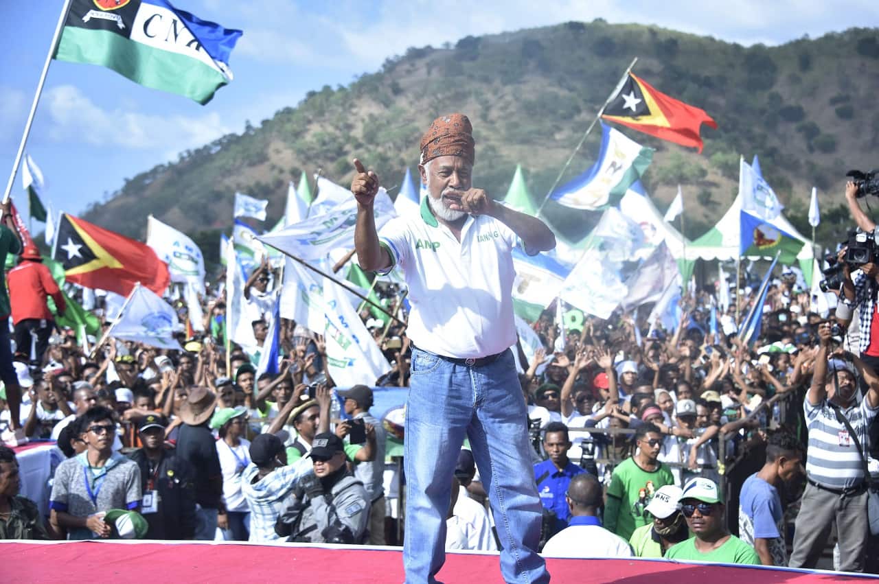 Xanana Gusmao of the AMP party delivers a campaign speech in Dili.
