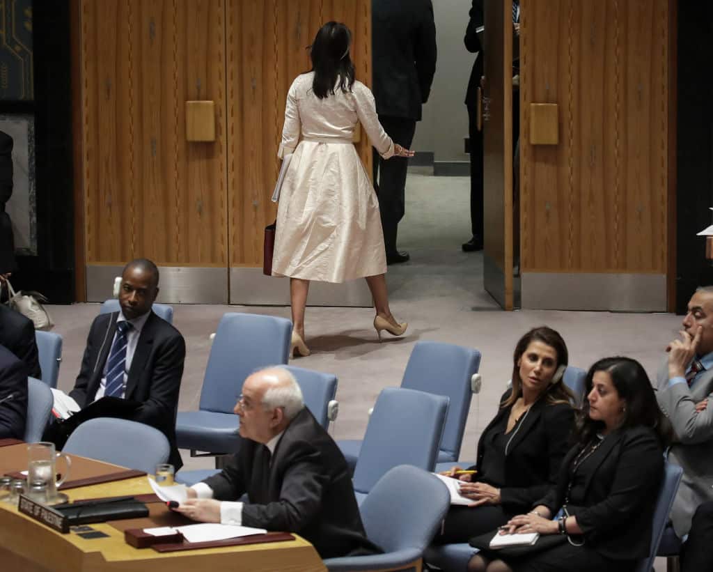 U.S. Ambassador to the UN Nikki Haley walks out of the chamber as Permanent Observer of Palestine to the United Nations Riyad Mansour begins to speak.