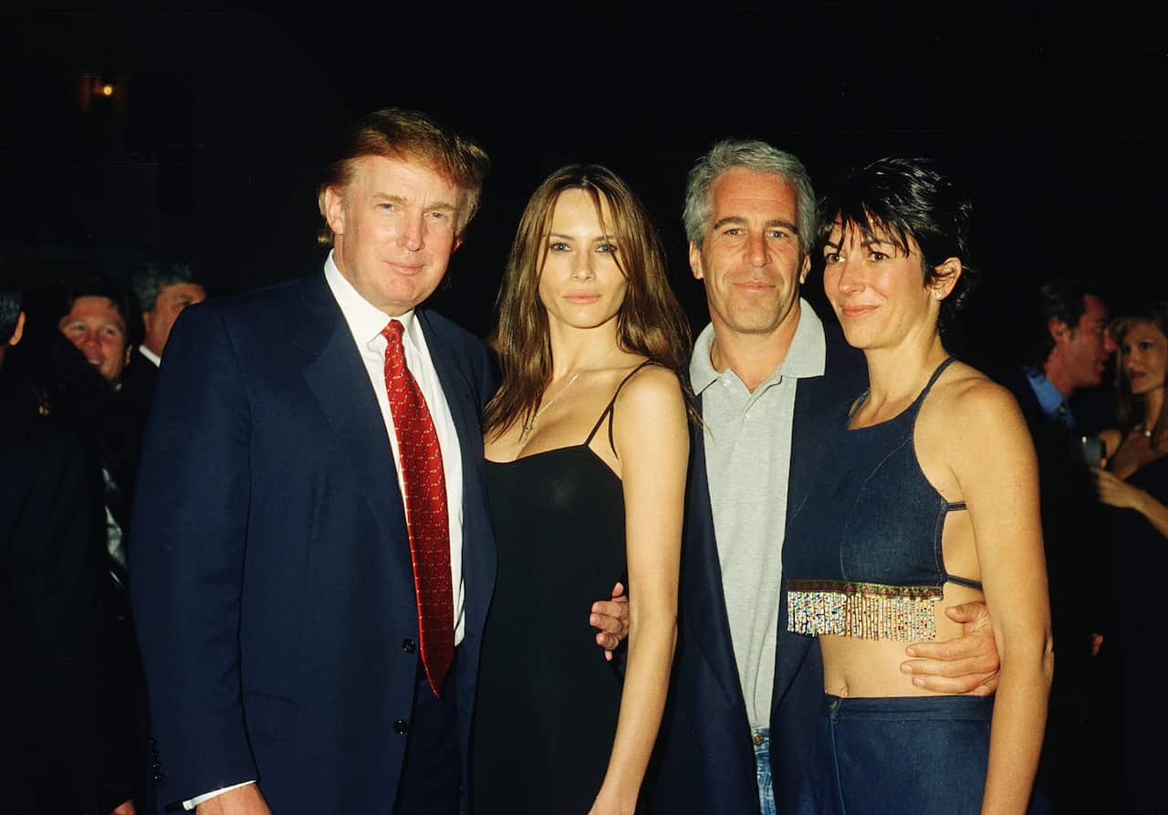 Donald Trump, Melania Trump, Jeffrey Epstein and Ghislaine Maxwell posing together for a photo at a party.