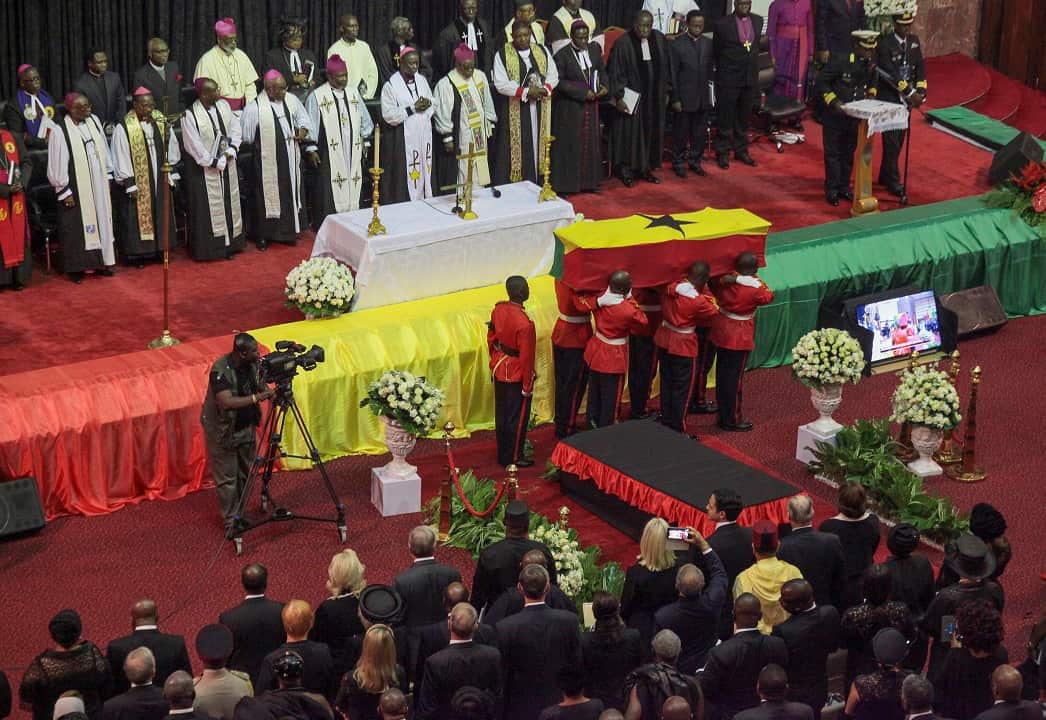 Honour guards carry the coffin of the late Kofi Annan during the state funeral.