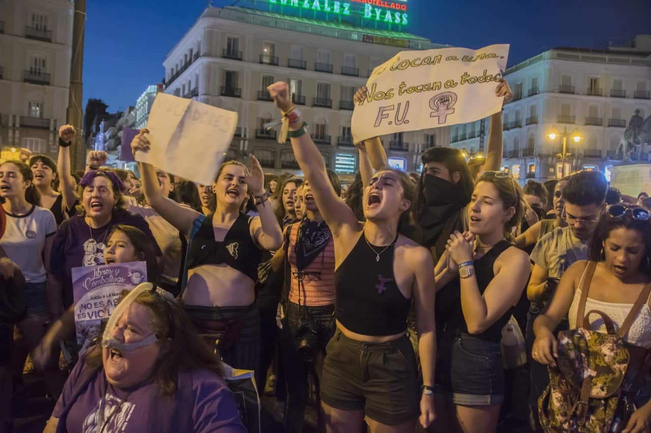 Demonstrators attend a rally in Madrid, Spain on June 22, 2018.