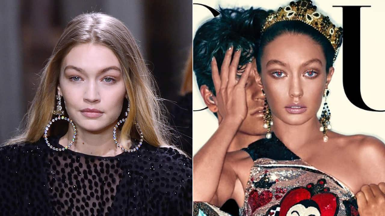 Gigi Hadid at Paris Fashion Week 2018 (left) and on the cover of Vogue Italia (right).