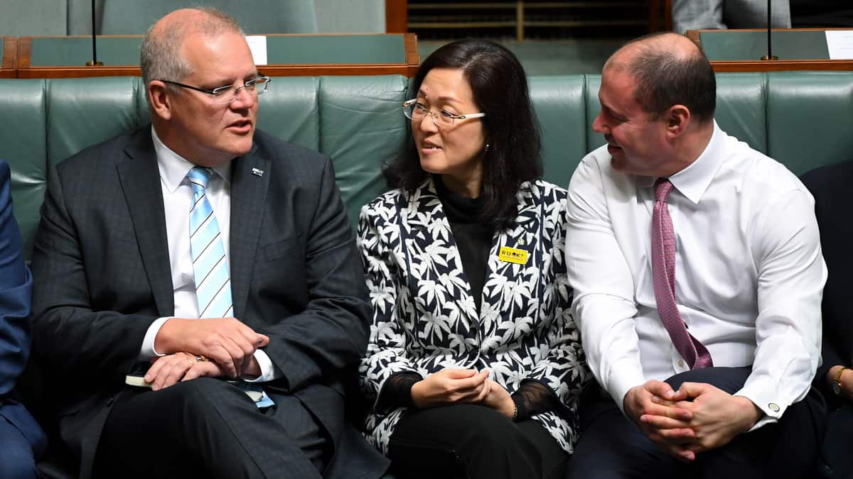 Prime Minister Scott Morrison, Liberal member for Chisholm Gladys Liu and federal Treasurer Josh Frydenberg.