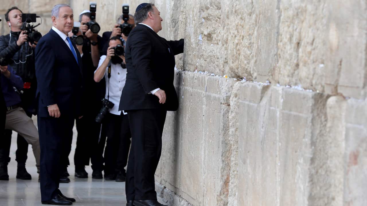 Israeli Prime Minister Benjamin Netanyahu and US Secretary of State Mike Pompeo visit the Western Wall in Jerusalem's Old City.