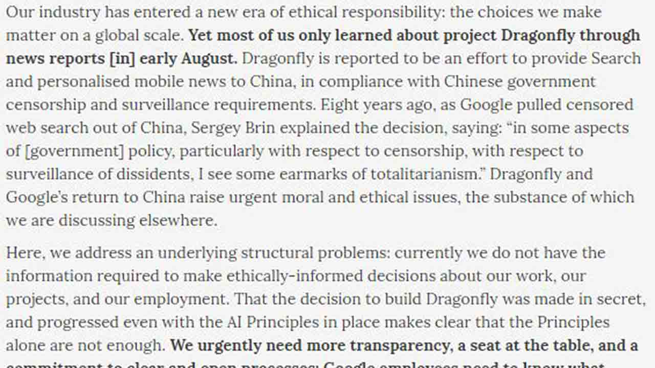 A section of the letter obtained by online tech publication Gizmodo - the emphasis is from the employees.