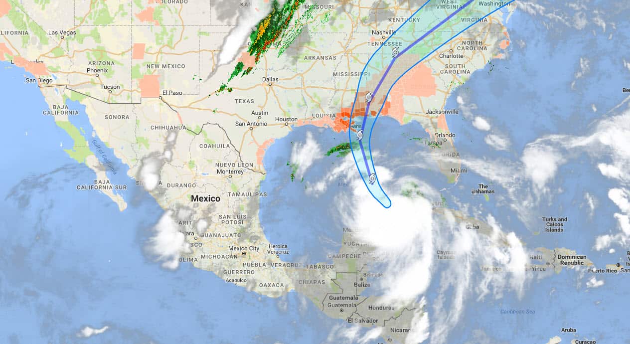 A Google Satellite image of Hurricane Nate's expected path. 