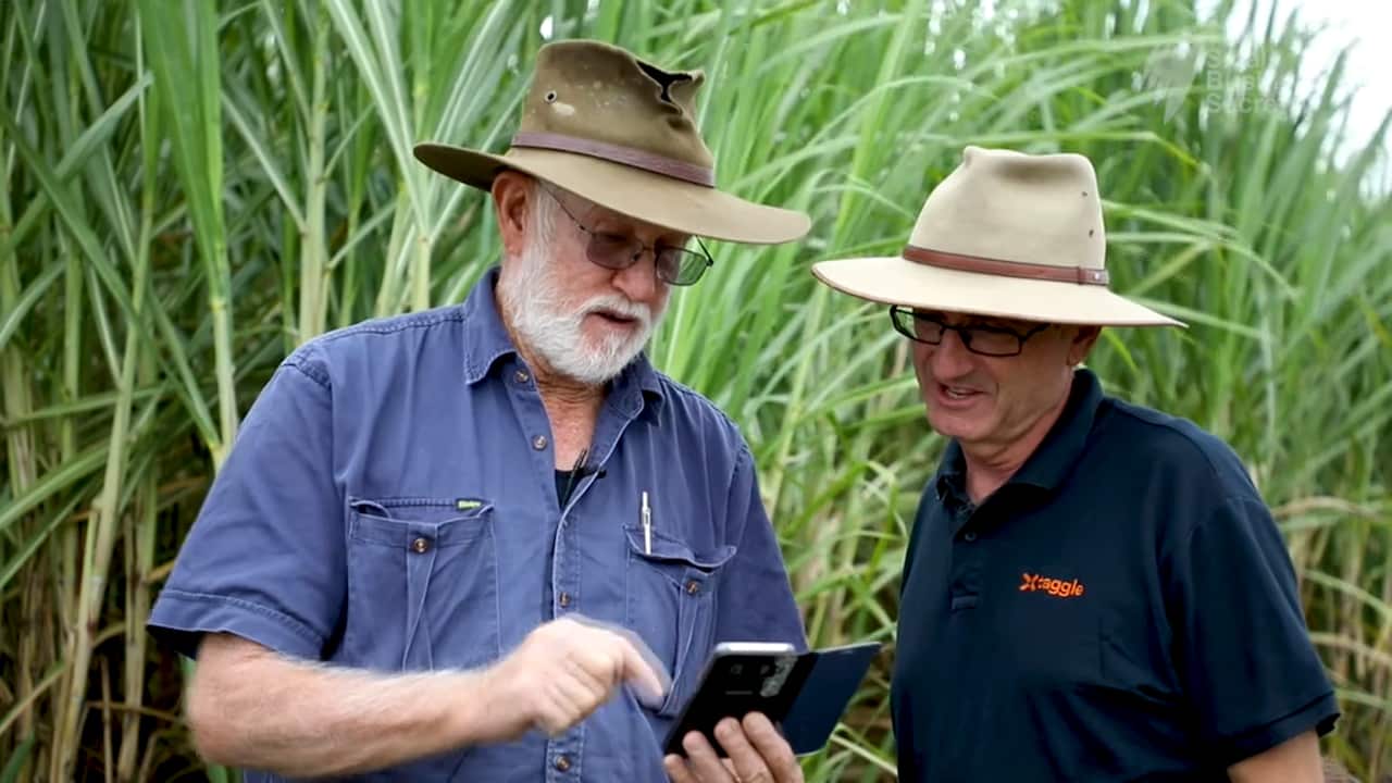 Burdekin cane farmer Ian Haigh and Taggle Co-founder Gordon Foyster check a water alert.