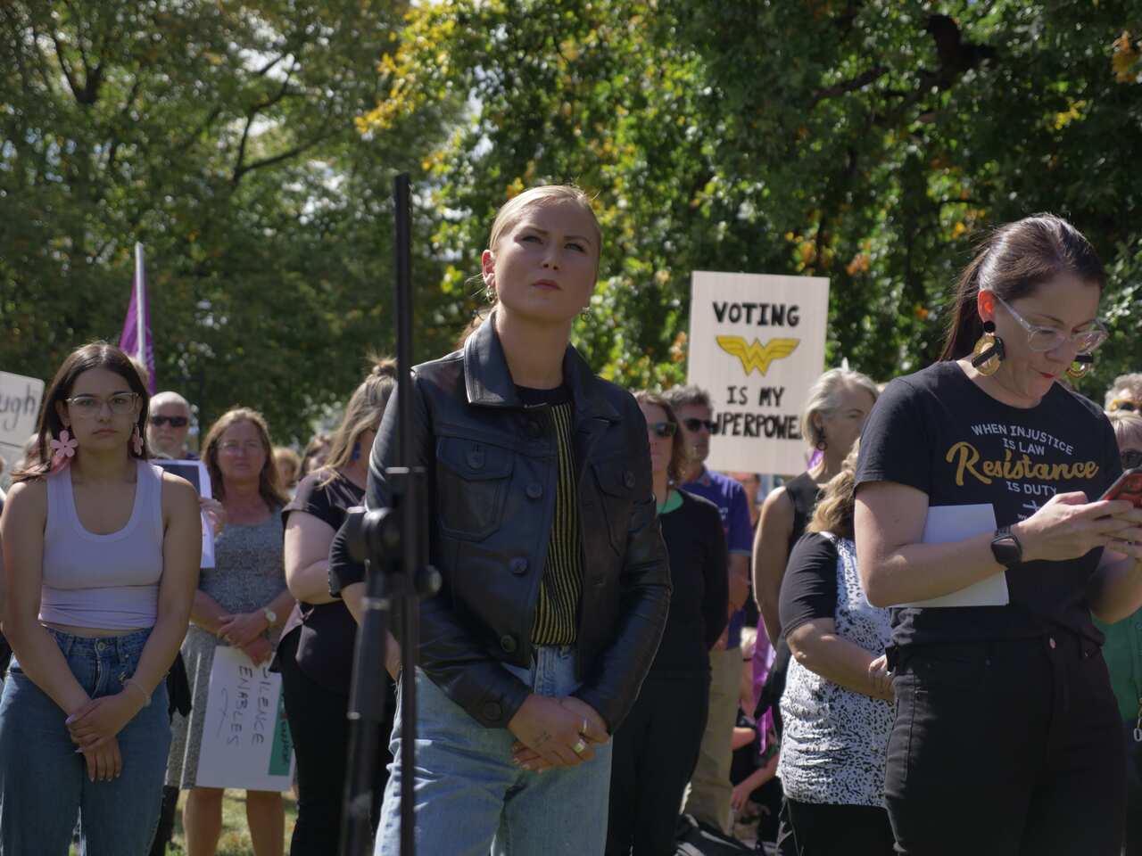 Grace Tame pictured in the crowd at a rally in Hobart on 15 March, 2021. 