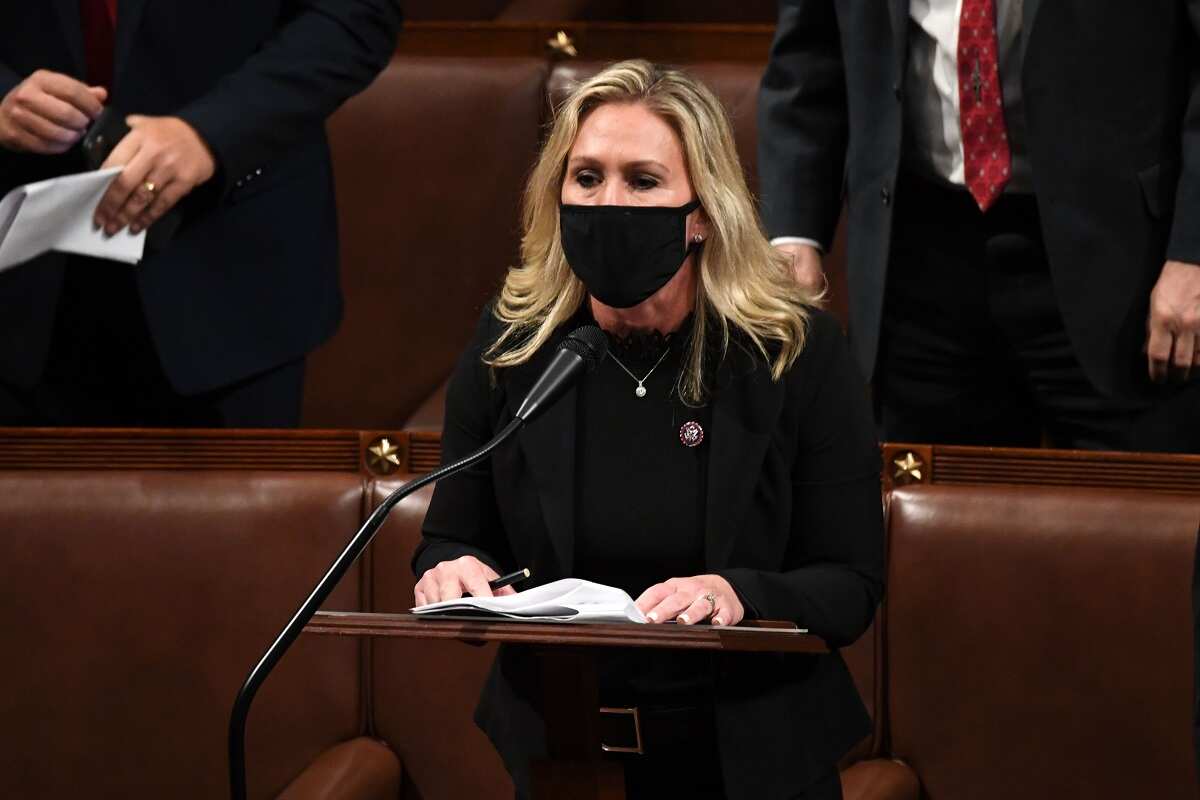 Rep. Marjorie Taylor Greene (R-GA) during a joint session of Congress after the session resumed following protests at the US Capitol.