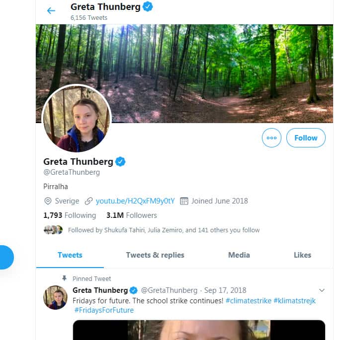 Greta Thunberg changed her Twitter bio to 'Pirralha.'