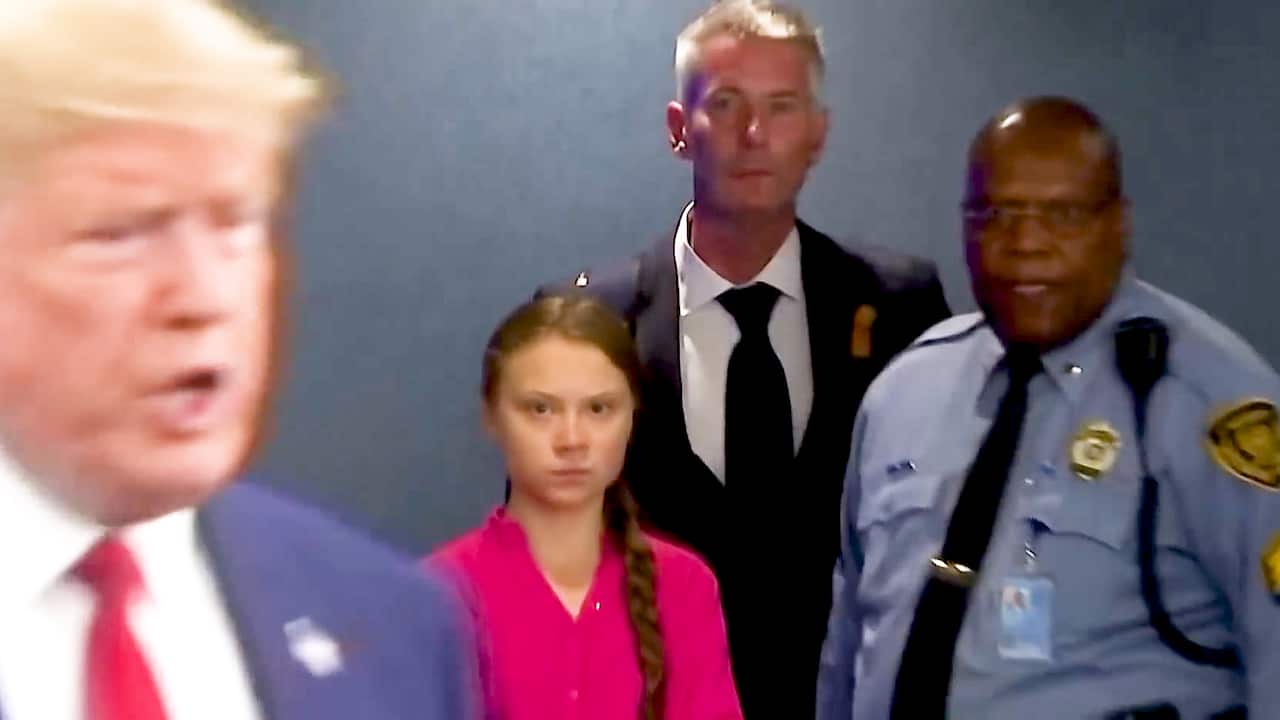 Greta Thunberg, 16, spots US President Donald Trump.