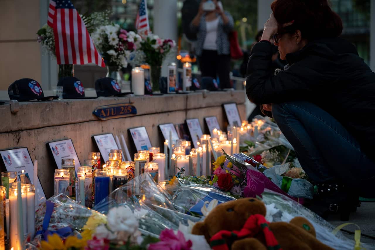 A mother honours her son, who was killed in a shooting in California.