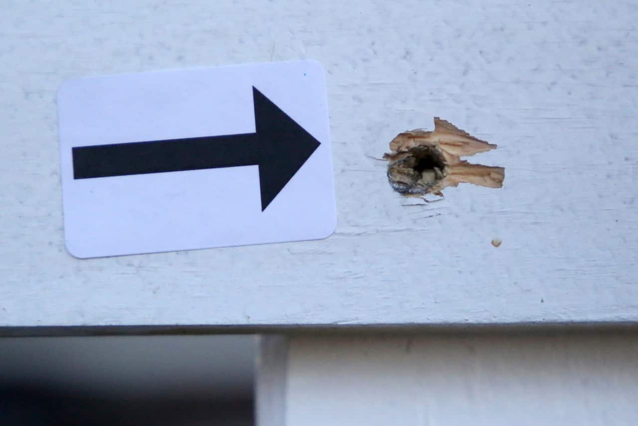 An evidence marker pointing to a bullet hole outside of Sandra’s home.