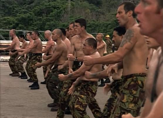 New Zealand soldiers perform the Haka for Bougainvilleans