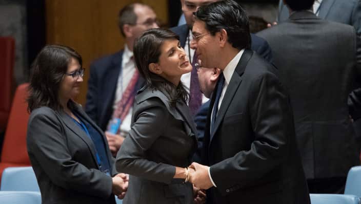US Ambassador to the United Nations Nikki Haley, left, greets Israel's Ambassador to the United Nations Danny Danon.