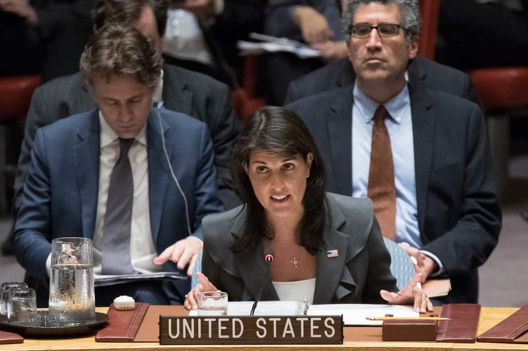 U.S. Ambassador to the United Nations Nikki Haley speaks during a Security Council meeting on the situation between the Israelis and the Palestinians, Friday, June 1, 2018 at United Nations headquarters. (AP Photo/Mary Altaffer)