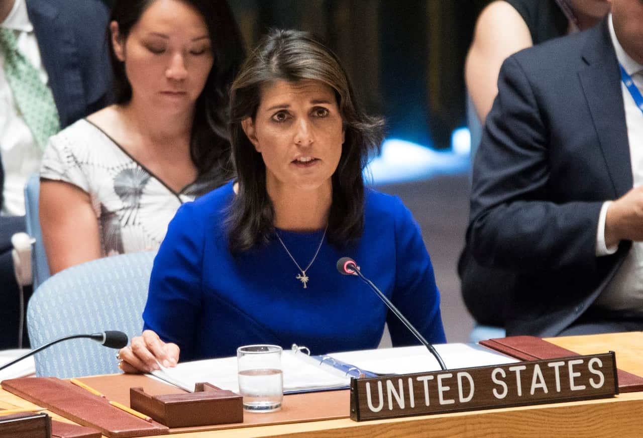 American Ambassador to the United Nations Nikki Haley speaks during a Security Council meeting on the situation in the Myanmar, Tuesday, Aug. 28, 2018 
