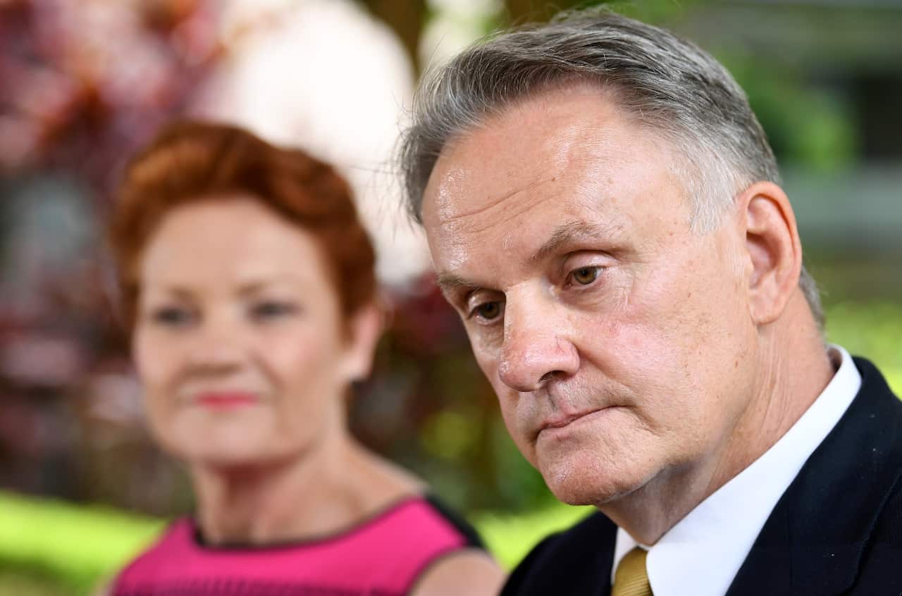 One Nation party leader Pauline Hanson (left) and Mark Latham at a media event/