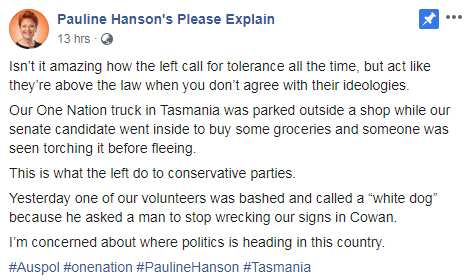 Hanson says she is "concerned about where politics is heading in this country" after a One Nation truck was set alight.