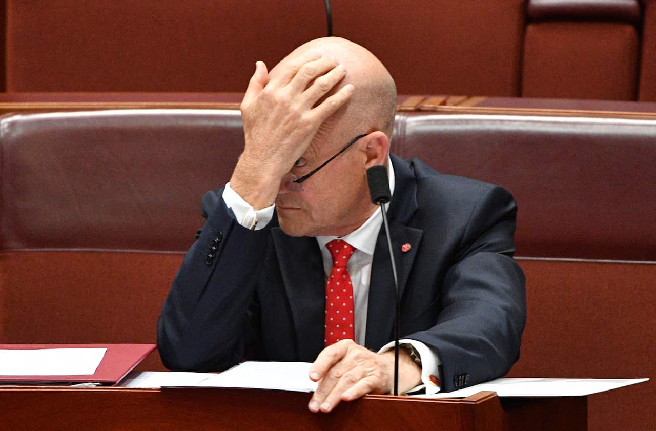 Liberal Democratic Party Senator David Leyonhjelm during a censure motion against him in the Senate chamber at Parliament House.