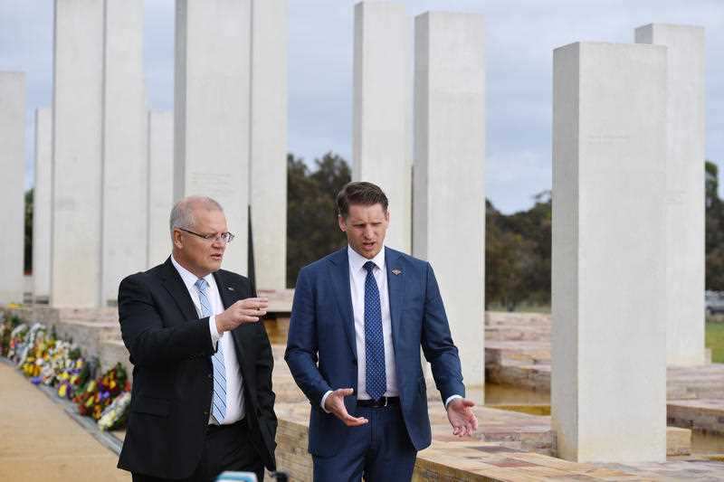 Prime Minister Scott Morrison and Mr Hastie at the Mandurah War Memorial in Mandurah, WA.