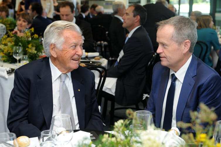 Shorten with his hero, Bob Hawke, in 2016.