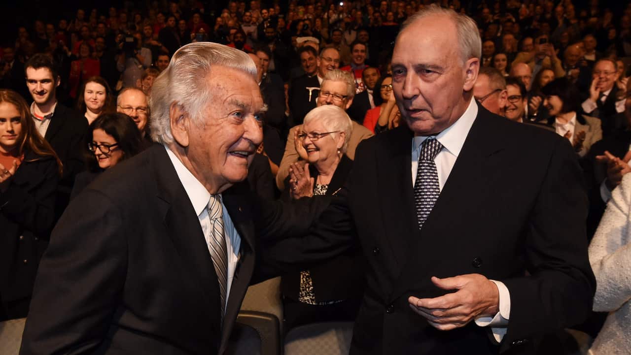 Former prime ministers Paul Keating and Bob Hawke at the Labor campaign launch in 2016.