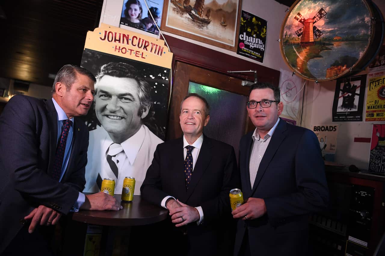 Then-Opposition Leader Bill Shorten, Victorian Premier Daniel Andrews and former Victorian Premier Stev Bracks pay tribute to Mr Hawke in May.
