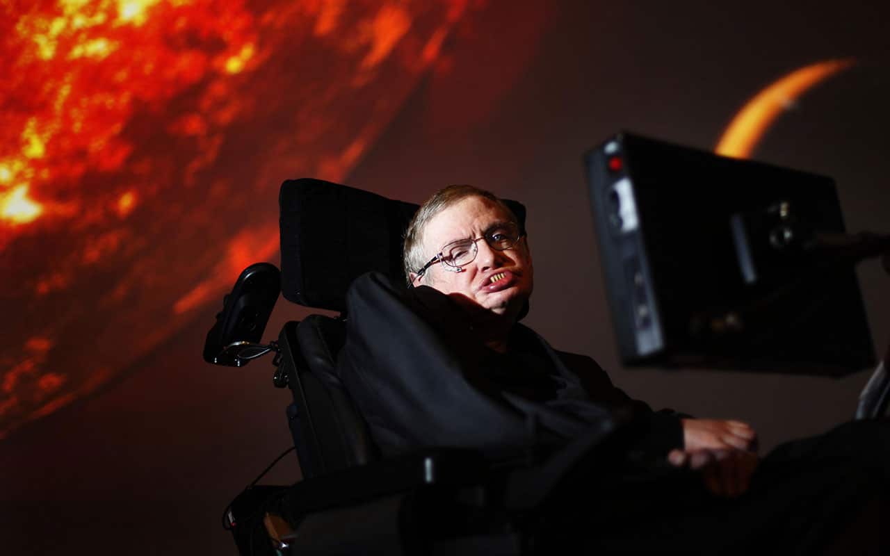 Professor Stephen Hawking, who has died aged 76, watching the first preview of his new show for the Discovery Channel, Stephen Hawking's Universe