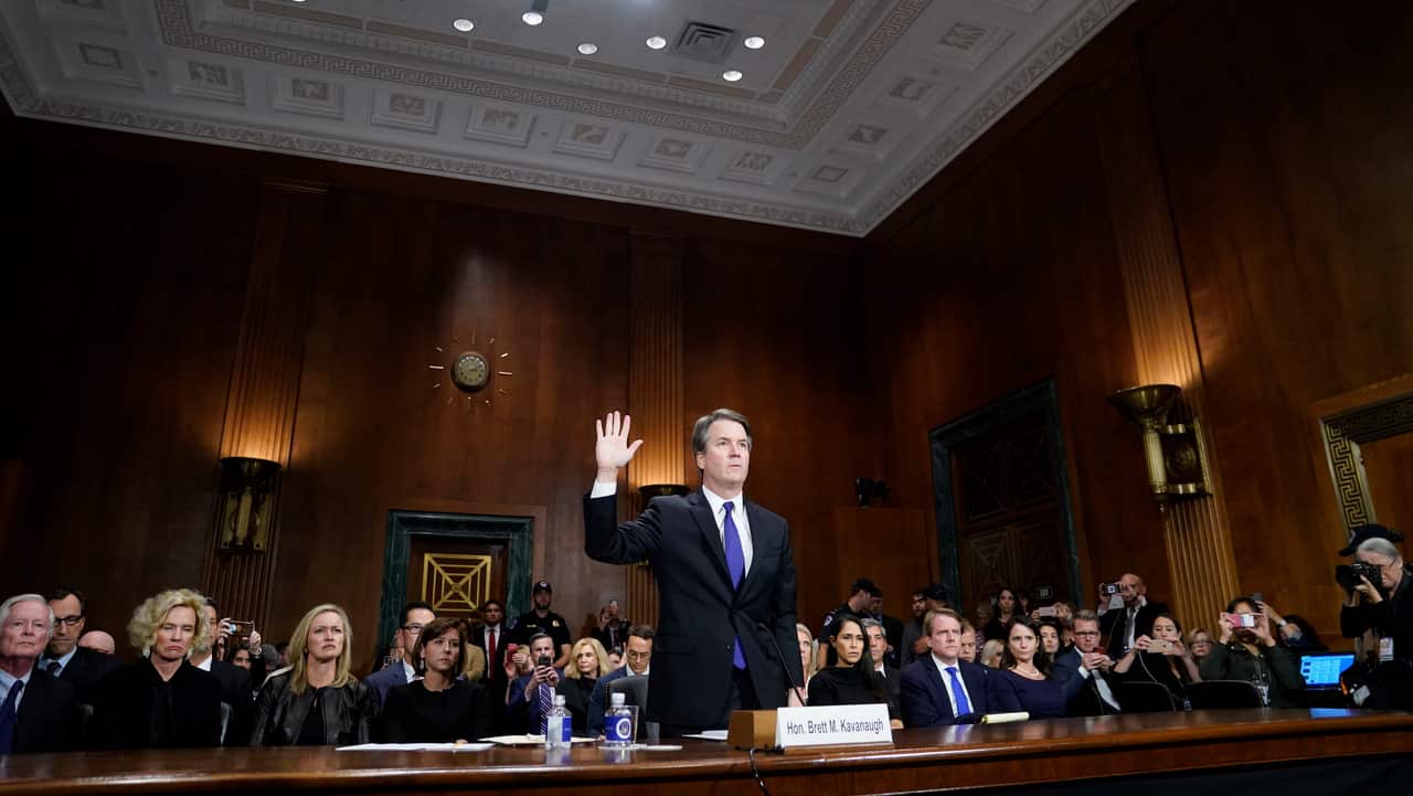 Brett Kavanaugh is sworn in to testify before the Senate Judiciary Committee hearing.