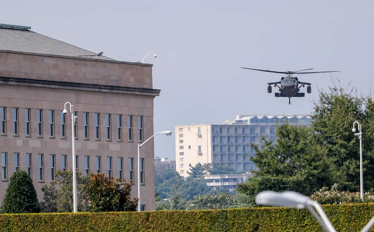 A military helicopter lands outside the Pentagon building in Arlington, Virginia, USA, 02 October 2018.
