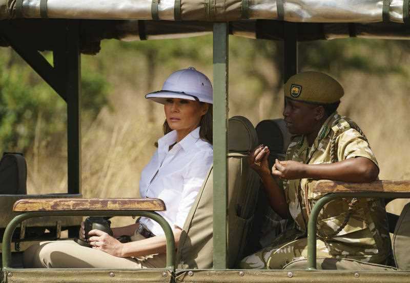 First lady Melania Trump looks out over Nairobi National Park in Nairobi, Kenya.