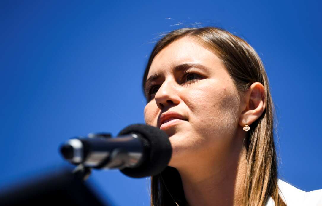 Brittany Higgins speaks at the March4Justice event in Canberra. 