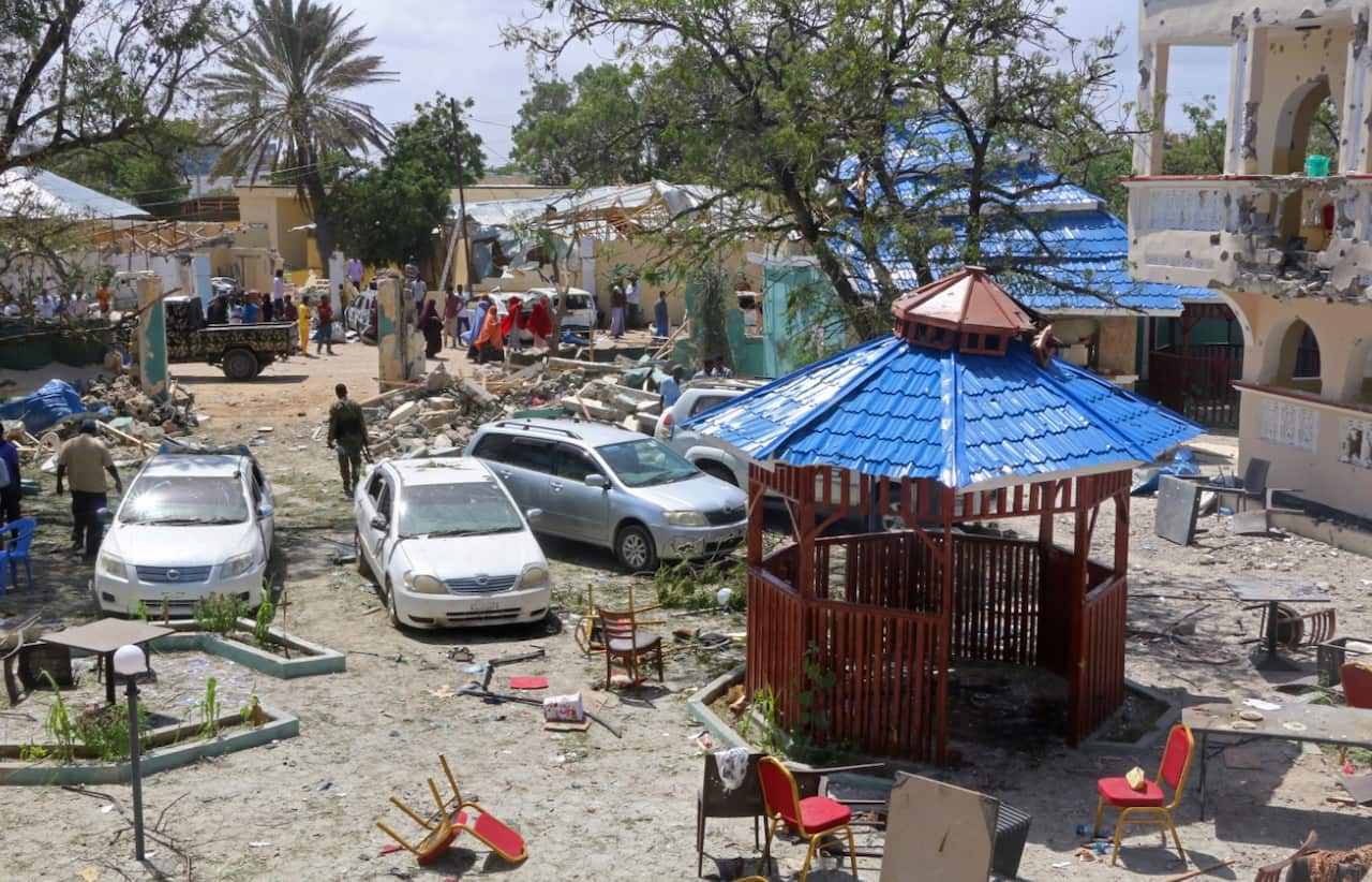 A view of Asasey Hotel after an attack, in Kismayo, Somalia, Saturday July 13, 2019. 