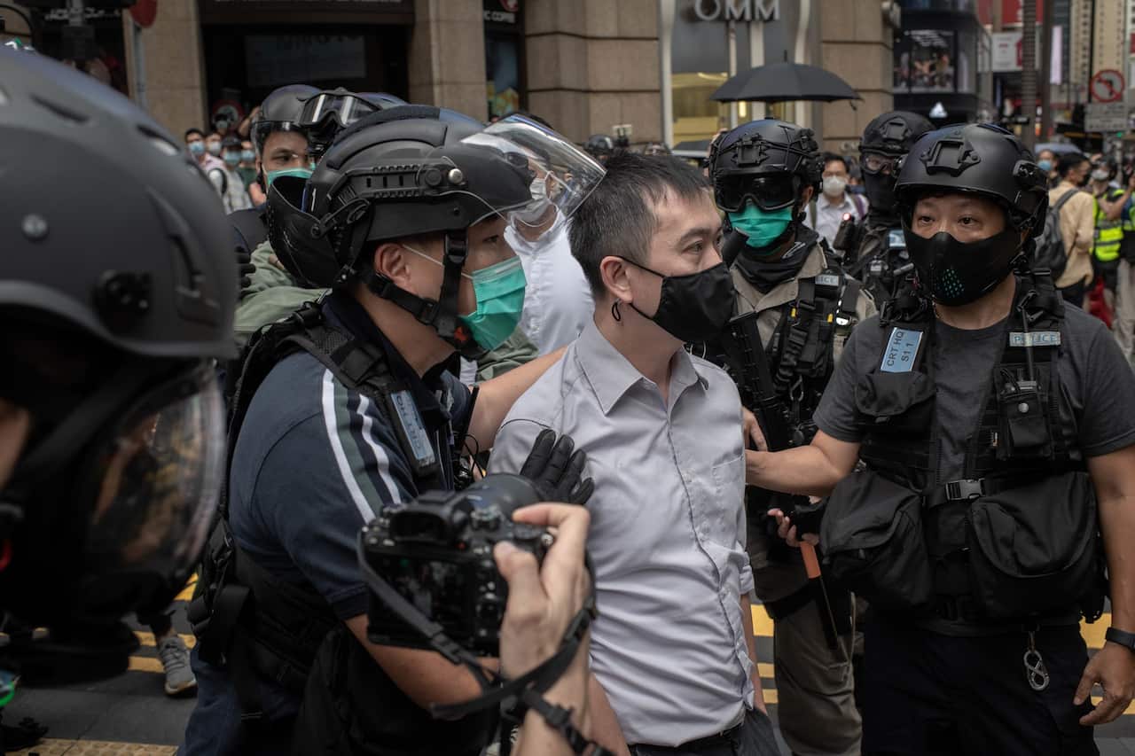 Hong Kong police makes arrests during a protest over China's new security law for Hong Kong.