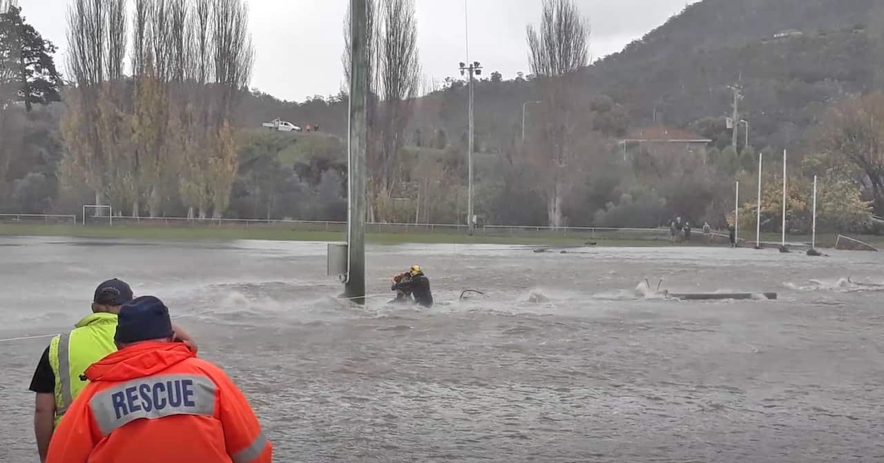 A supplied image obtained Friday, May 11, 2018 of a rescue operation at New Norfolk, Tasmania. 