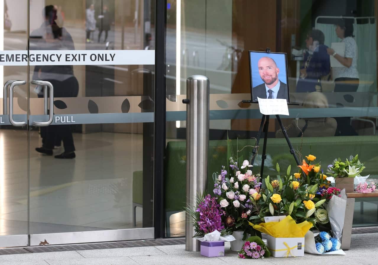 Flowers and a portrait have been placed at the entrance to Box Hill Hospital in memory of surgeon Patrick Pritzwald-Stegmann. Wednesday, June 28. 2017 (AAP)