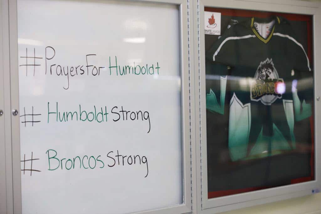A sign is posted for mourners at the Humboldt Uniplex ice-skating rink on April 7, 2018 in Humboldt, Saskatchewan.