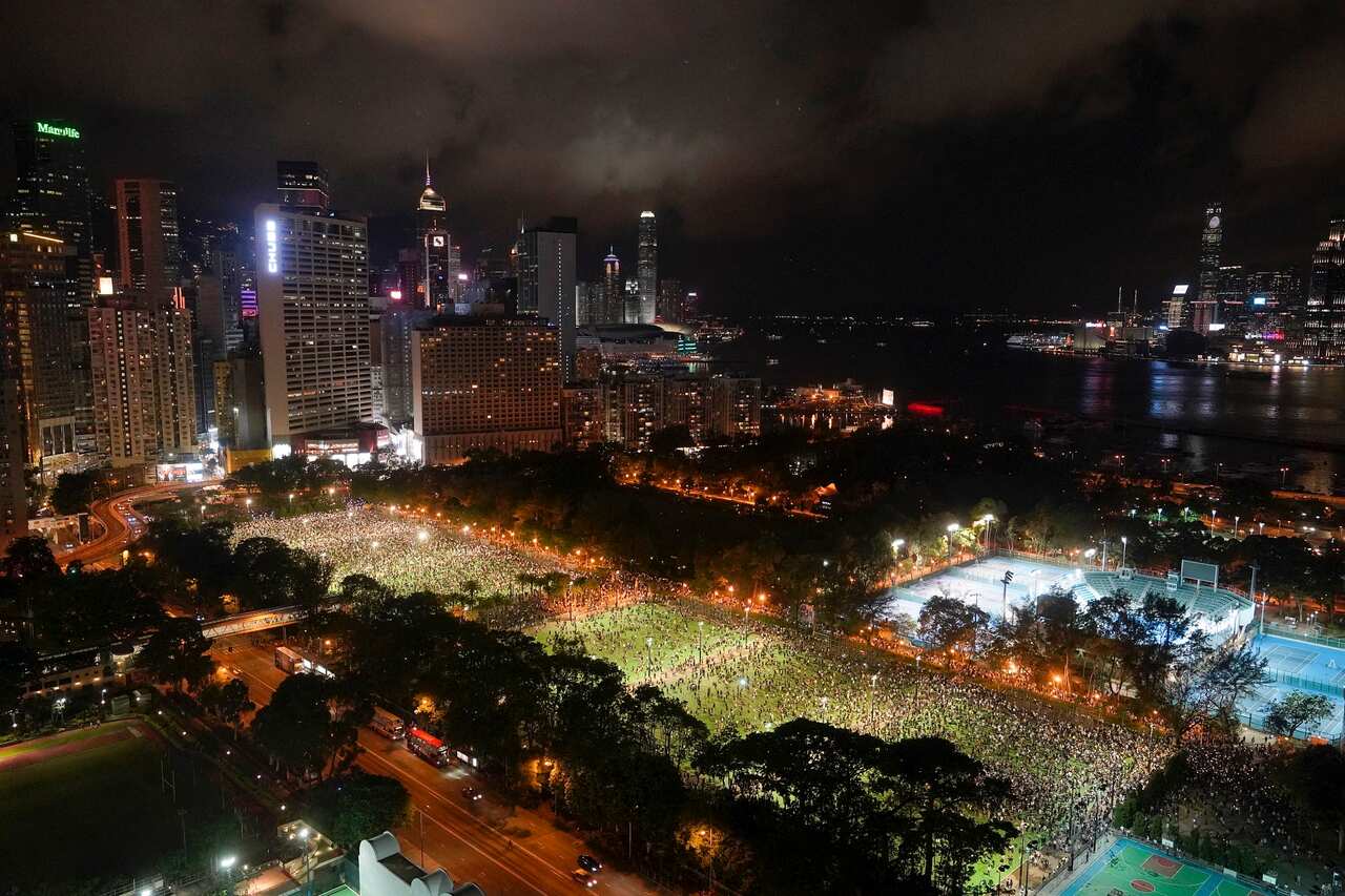 Supporters gather for a vigil for the victims of the 1989 Tiananmen Square Massacre at Victoria Park in Causeway Bay, Hong Kong in 2020.