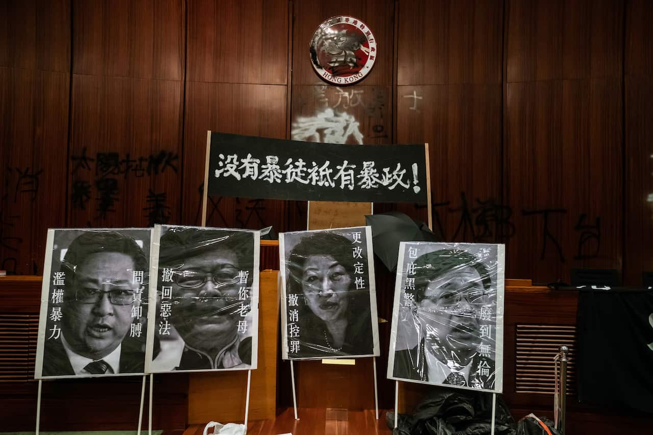 Damage to the Legislative Council building in Hong Kong is evident late Monday night,  July 1, 2019.