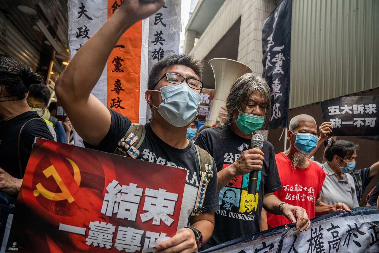 Demonstrators protest against China's security law.