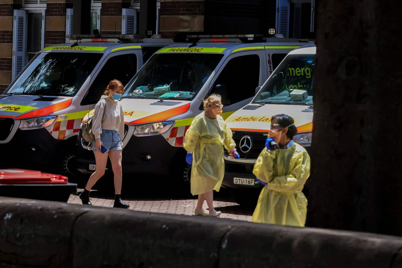 Ambulances parked at the emergency entrance of Royal Prince Alfred Hospital.