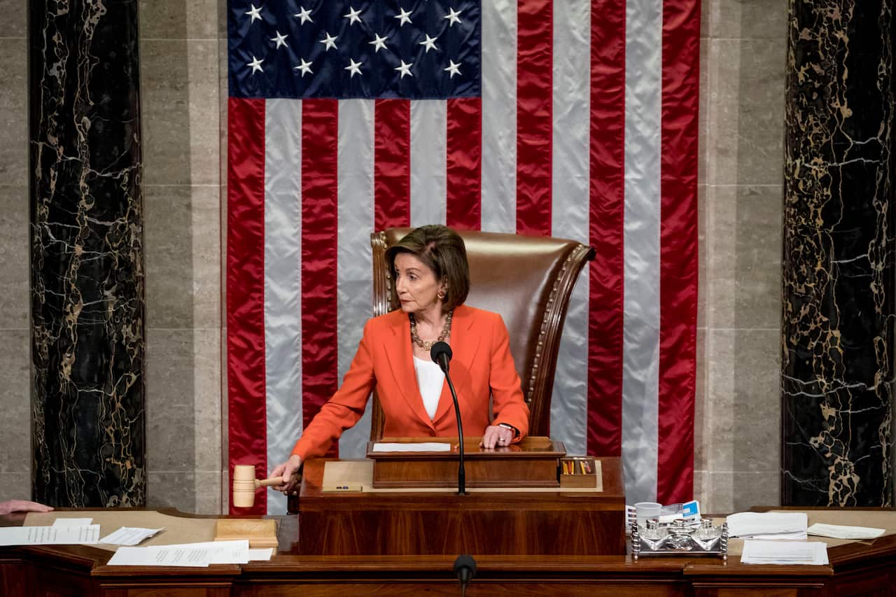 House Speaker Nancy Pelosi as the House votes 232-196 to pass resolution on impeachment procedure to move forward.