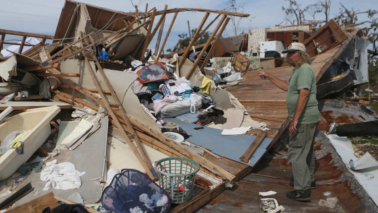 Michael Nelson points to the small room where he took shelter during Hurricane Michael on November 4, 2018.
