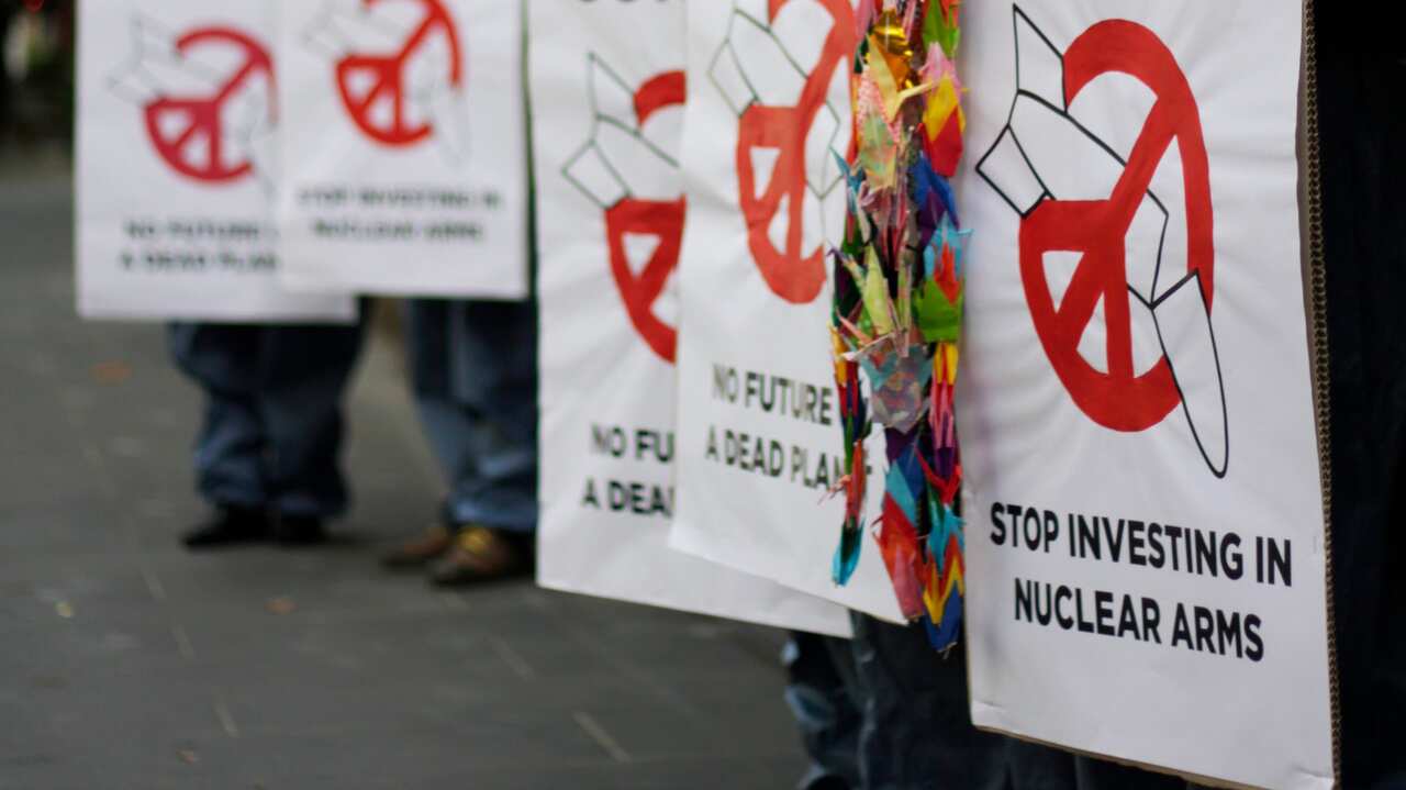 ICAN activists during a protest against investments in nuclear weapons in Melbourne. 