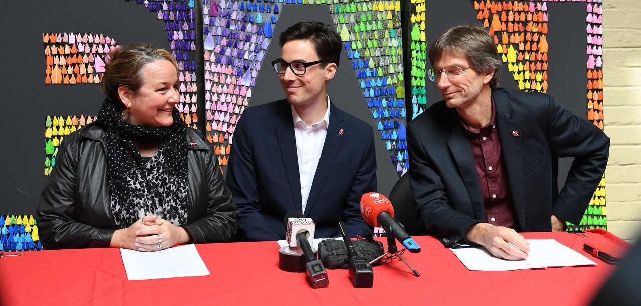 ICAN's Dimity Hawkins, Tim Wright and Tilman Ruff at the Victorian Trades Hall Council in Carlton in 2017.