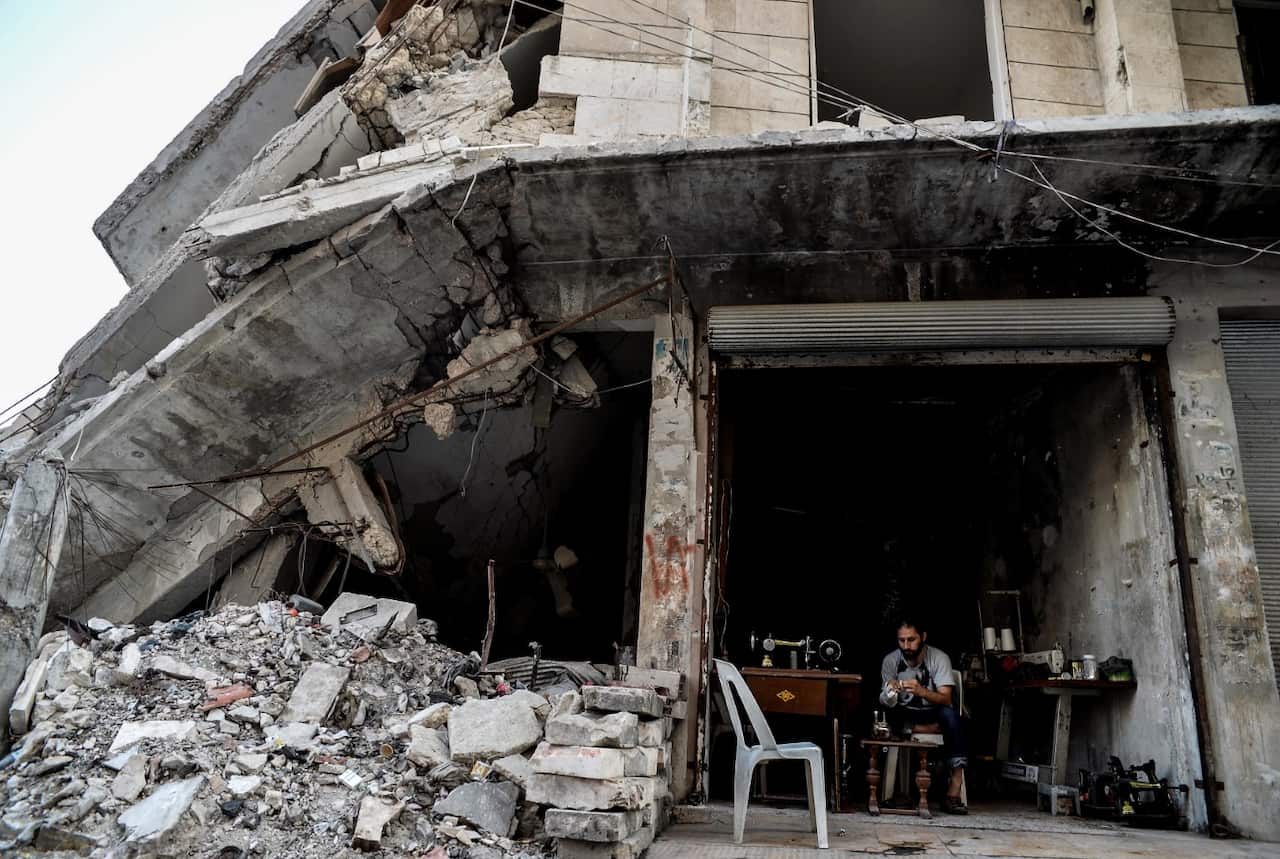 A tailor working in the destroyed building was hit by a reported air strike by Russian air force in the district of Jisr al-Shughur, in the Idlib province