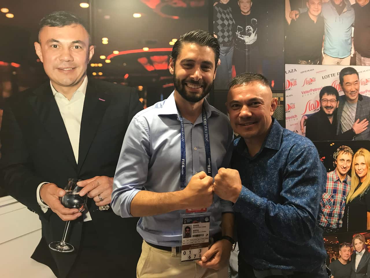 Kostya Tszyu (right) with SBS reporter Darren Mara in Russia.