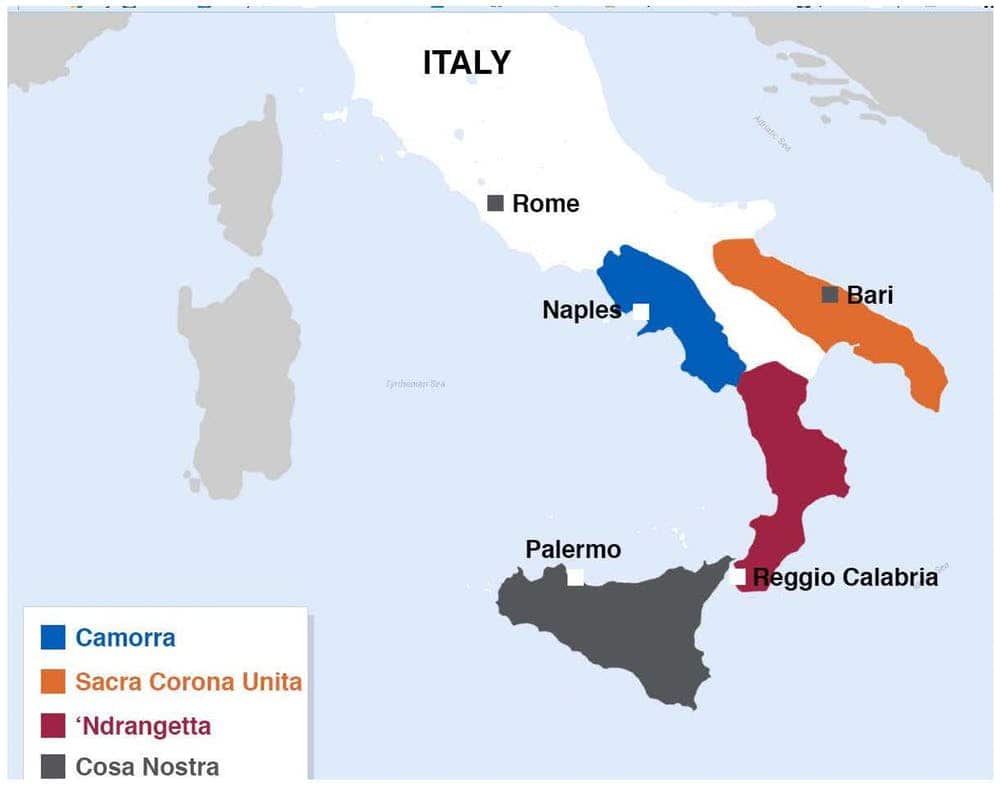Map showing general geographic crime areas of main Italian mafia crime gangs.